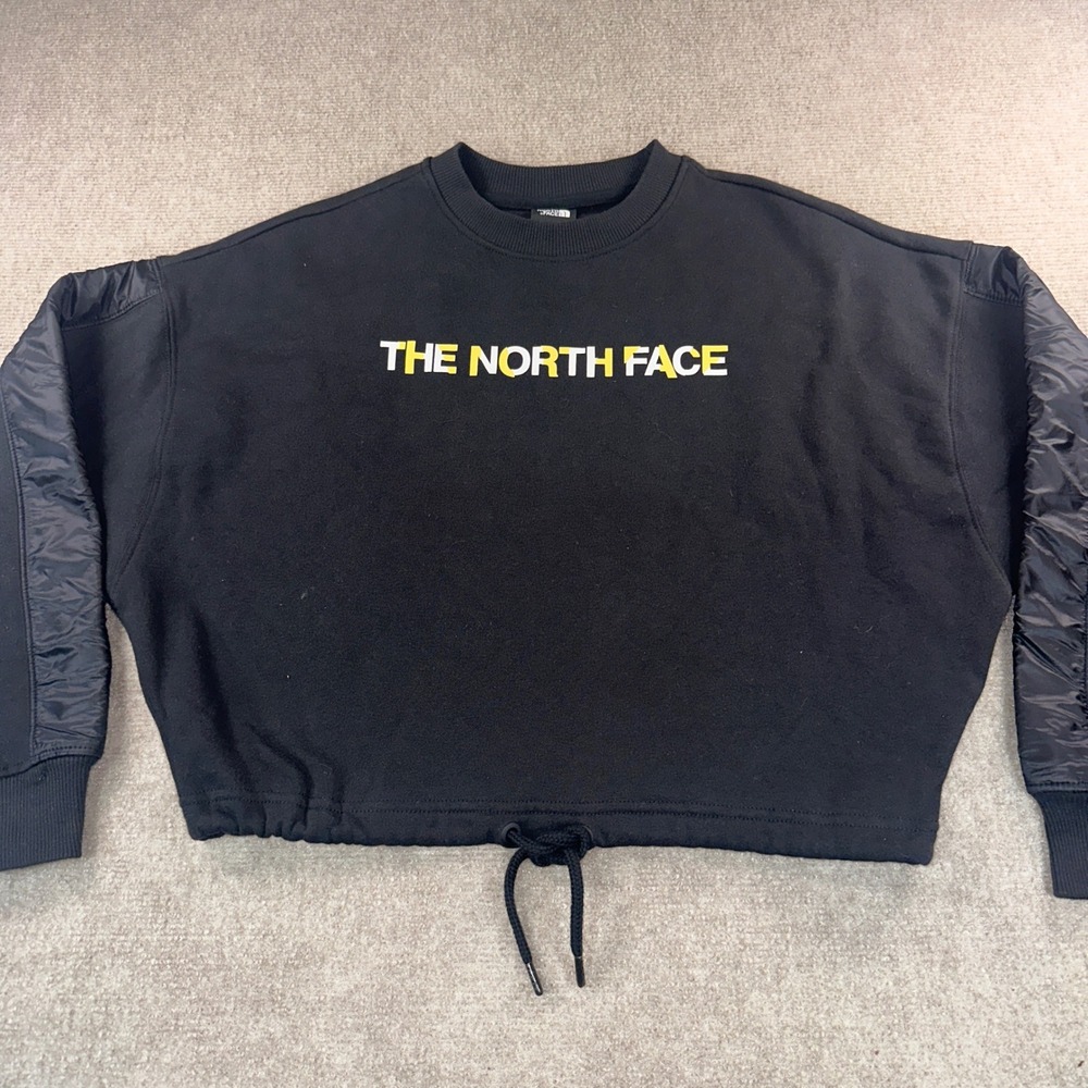 The North Face Womens XS Black Cropped Pullover Sweatshirt Logo Drawstring Hem
